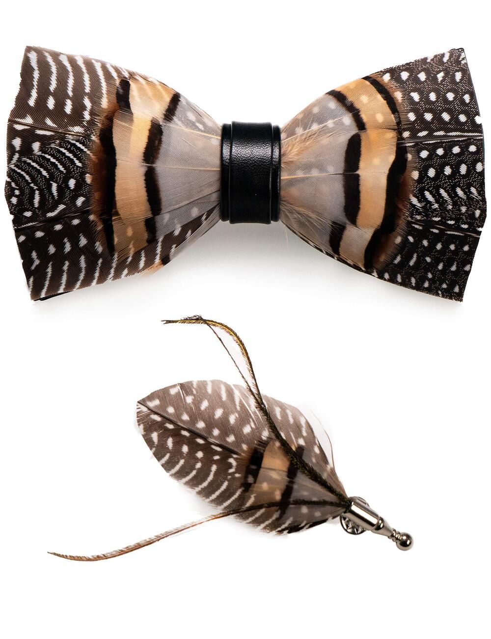 1270 Leather Feather Handmade Pre-tied Bow tie and Brooch Sets 2 - Picture 1 of 6